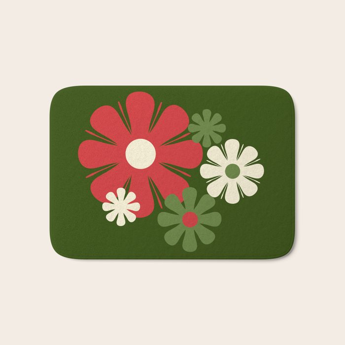 Flower Locus Retro Christmas 60s 70s Floral Pattern Xmas Green Red Cream Bath Mat Gallery Image 1