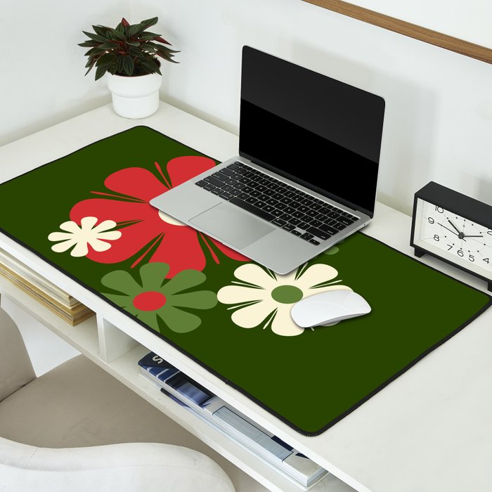 Flower Locus Retro Christmas 60s 70s Floral Pattern Xmas Green Red Cream Desk Mat Gallery Image 2