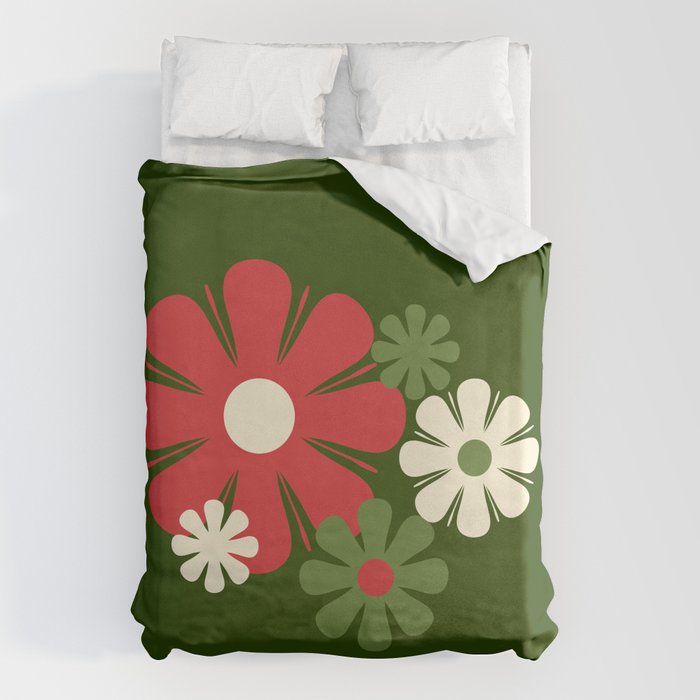 Flower Locus Retro Christmas 60s 70s Floral Pattern Xmas Green Red Cream Duvet Cover Gallery Image 1