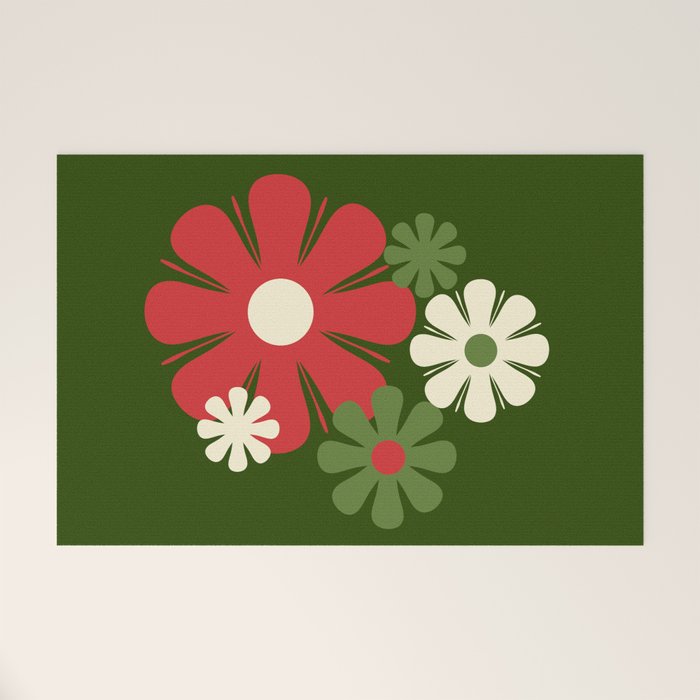 Flower Locus Retro Christmas 60s 70s Floral Pattern Xmas Green Red Cream Welcome Mat Gallery Image 1