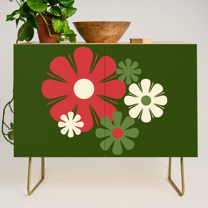 Flower Locus Retro Christmas 60s 70s Floral Pattern Xmas Green Red Cream Credenza Gallery Image 1