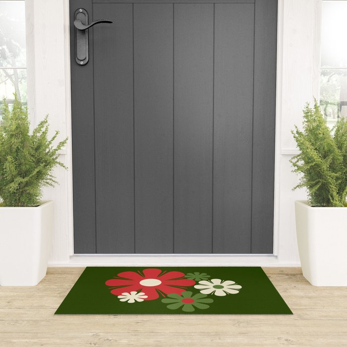 Flower Locus Retro Christmas 60s 70s Floral Pattern Xmas Green Red Cream Welcome Mat Gallery Image 3