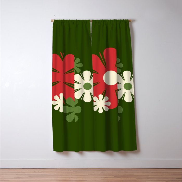 Flower Locus Retro Christmas 60s 70s Floral Pattern Xmas Green Red Cream Window Curtain Gallery Image 3