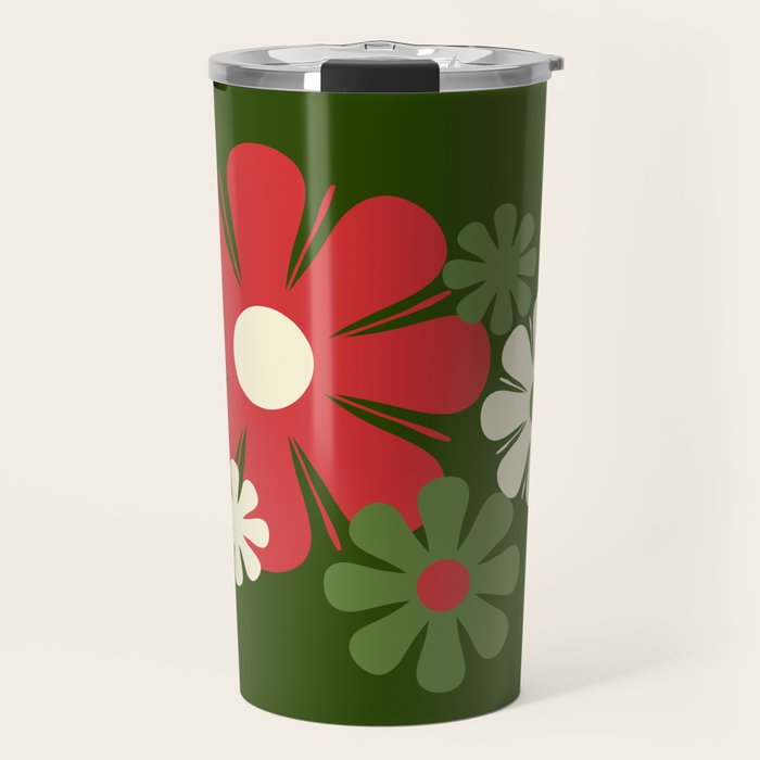 Flower Locus Retro Christmas 60s 70s Floral Pattern Xmas Green Red Cream Travel Mug Gallery Image 1