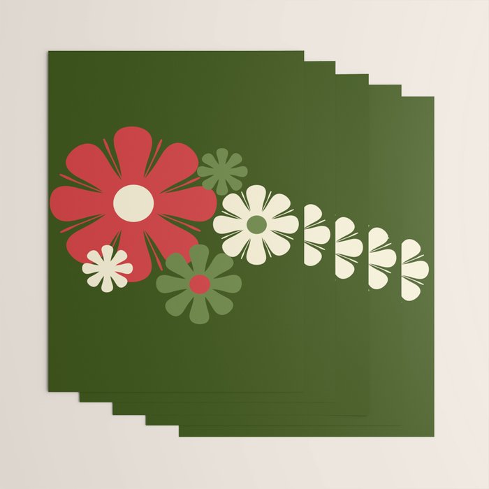 Flower Locus Retro Christmas 60s 70s Floral Pattern Xmas Green Red Cream Wrapping Paper Gallery Image 3