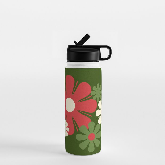 Flower Locus Retro Christmas 60s 70s Floral Pattern Xmas Green Red Cream Water Bottle Gallery Image 1