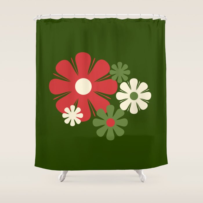 Flower Locus Retro Christmas 60s 70s Floral Pattern Xmas Green Red Cream Shower Curtain Gallery Image 1