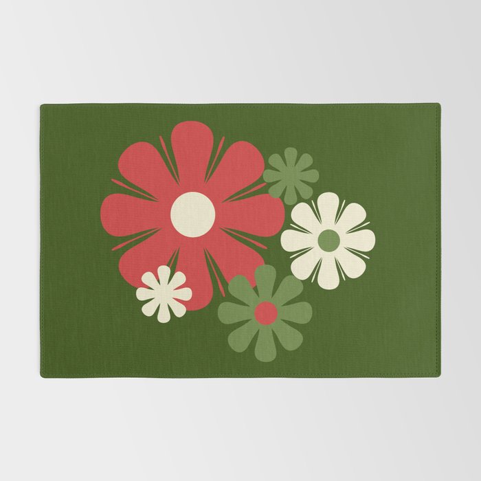 Flower Locus Retro Christmas 60s 70s Floral Pattern Xmas Green Red Cream Rug Gallery Image 2