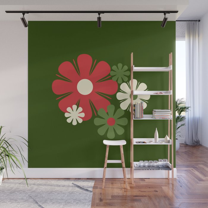 Flower Locus Retro Christmas 60s 70s Floral Pattern Xmas Green Red Cream Wall Mural Gallery Image 1