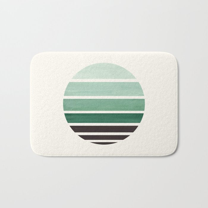 Deep Green Mid Century Modern Minimalist Circle Round Photo Staggered Sunset Geometric Stripe Design Bath Mat Gallery Image 1
