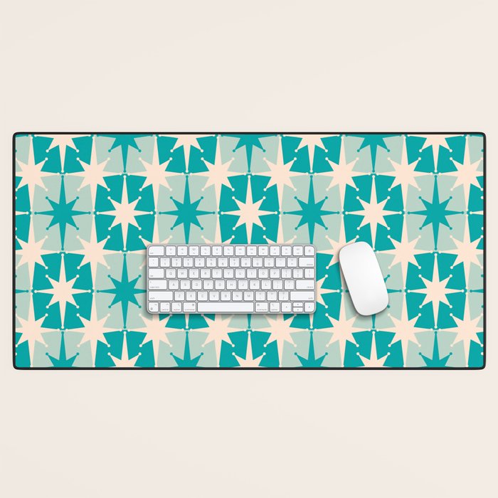 Mid Century Modern Atomic Stars Retro Checkered Starburst Pattern in Turquoise Aqua Teal Desk Mat Gallery Image 1