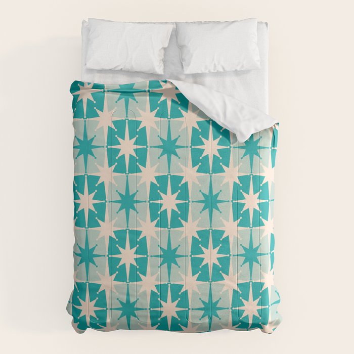 Mid Century Modern Atomic Stars Retro Checkered Starburst Pattern in Turquoise Aqua Teal Comforter Gallery Image 1