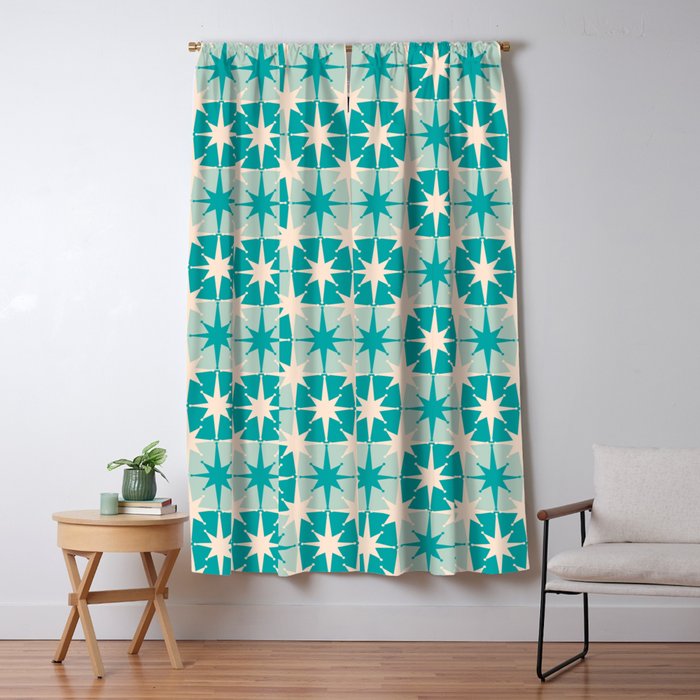 Mid Century Modern Atomic Stars Retro Checkered Starburst Pattern in Turquoise Aqua Teal Window Curtain Gallery Image 1