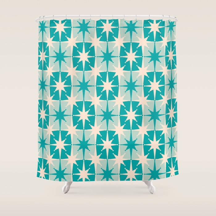 Mid Century Modern Atomic Stars Retro Checkered Starburst Pattern in Turquoise Aqua Teal Shower Curtain Gallery Image 1