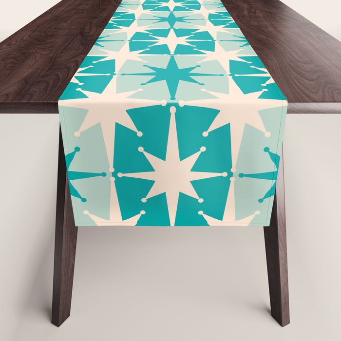 Mid Century Modern Atomic Stars Retro Checkered Starburst Pattern in Turquoise Aqua Teal Table Runner Gallery Image 1