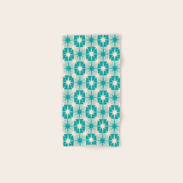 Mid Century Modern Atomic Stars Retro Checkered Starburst Pattern in Turquoise Aqua Teal Bath Towel Gallery Image 1