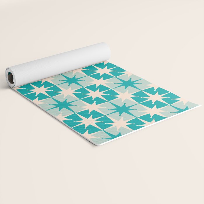 Mid Century Modern Atomic Stars Retro Checkered Starburst Pattern in Turquoise Aqua Teal Yoga Mat Gallery Image 2