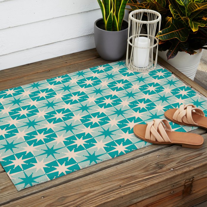 Mid Century Modern Atomic Stars Retro Checkered Starburst Pattern in Turquoise Aqua Teal Outdoor Rug Gallery Image 2