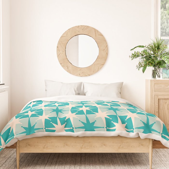 Mid Century Modern Atomic Stars Retro Checkered Starburst Pattern in Turquoise Aqua Teal Duvet Cover Gallery Image 3