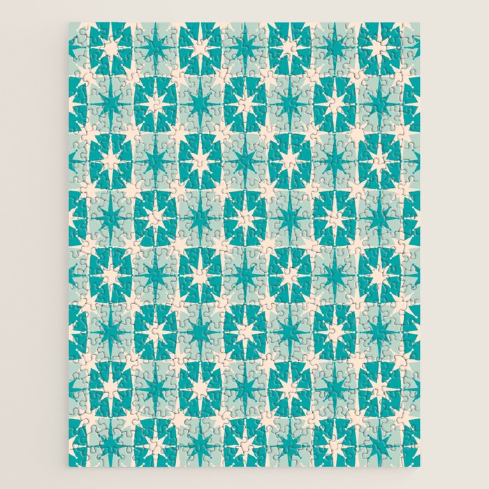Mid Century Modern Atomic Stars Retro Checkered Starburst Pattern in Turquoise Aqua Teal Jigsaw Puzzle Gallery Image 1