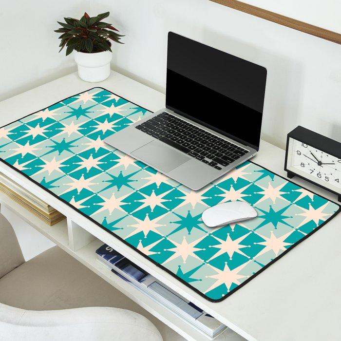 Mid Century Modern Atomic Stars Retro Checkered Starburst Pattern in Turquoise Aqua Teal Desk Mat Gallery Image 2