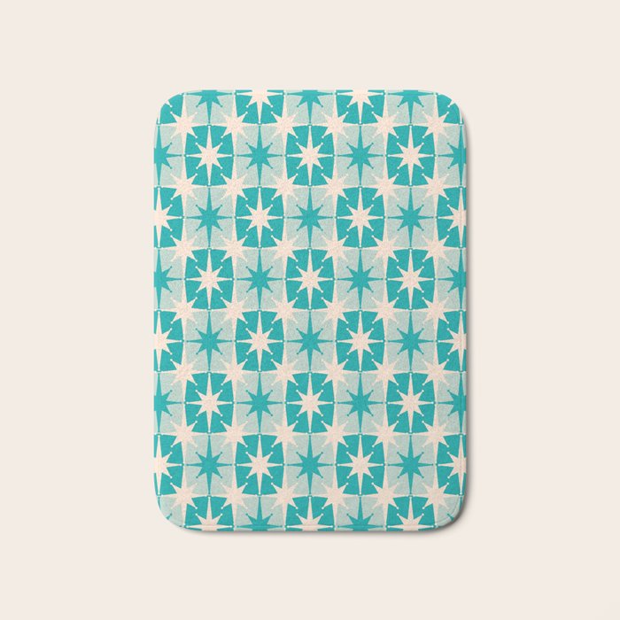 Mid Century Modern Atomic Stars Retro Checkered Starburst Pattern in Turquoise Aqua Teal Bath Mat Gallery Image 1