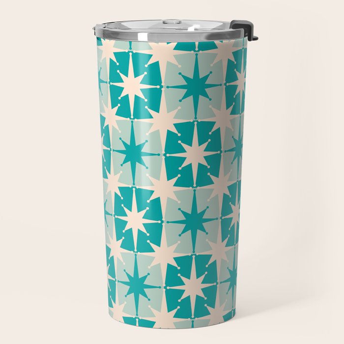 Mid Century Modern Atomic Stars Retro Checkered Starburst Pattern in Turquoise Aqua Teal Travel Mug Gallery Image 2