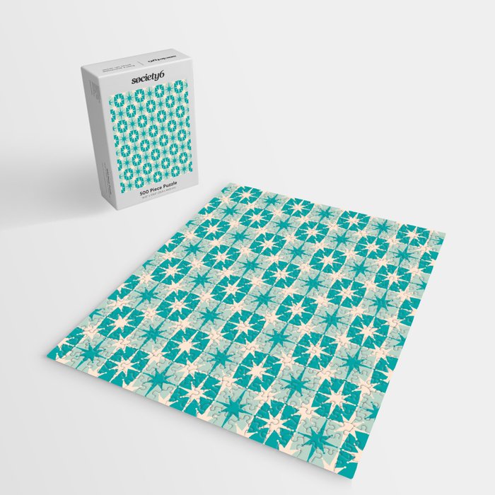 Mid Century Modern Atomic Stars Retro Checkered Starburst Pattern in Turquoise Aqua Teal Jigsaw Puzzle Gallery Image 2
