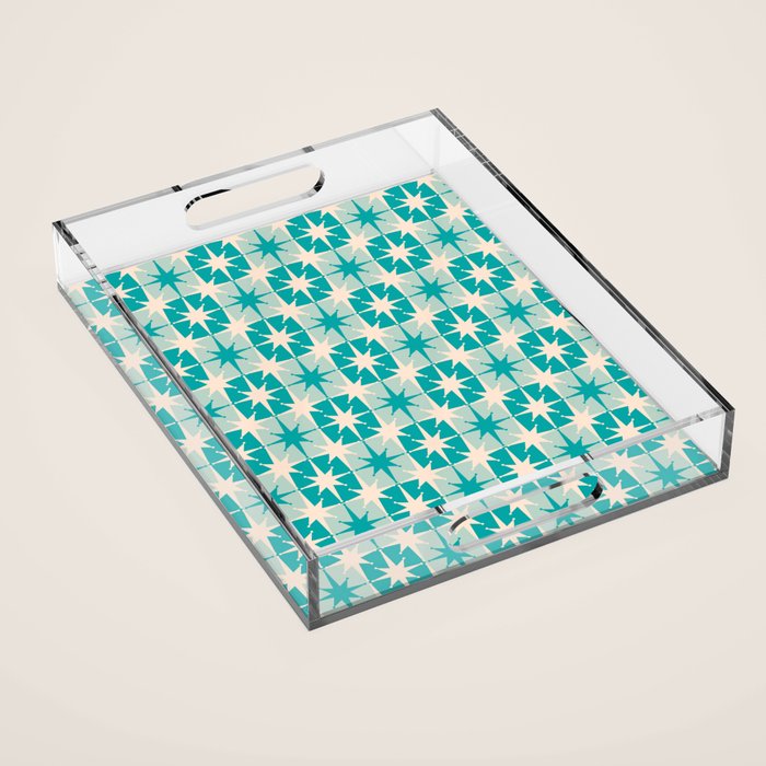 Mid Century Modern Atomic Stars Retro Checkered Starburst Pattern in Turquoise Aqua Teal Acrylic Tray Gallery Image 1