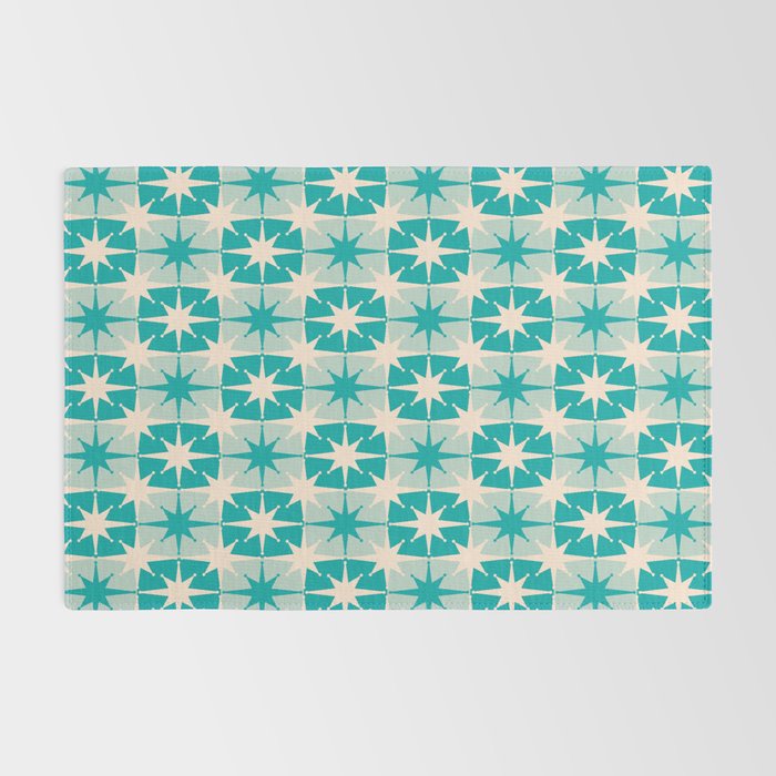 Mid Century Modern Atomic Stars Retro Checkered Starburst Pattern in Turquoise Aqua Teal Rug Gallery Image 2