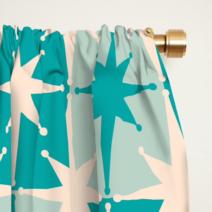 Mid Century Modern Atomic Stars Retro Checkered Starburst Pattern in Turquoise Aqua Teal Window Curtain Gallery Image 2