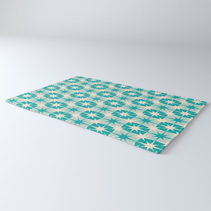 Mid Century Modern Atomic Stars Retro Checkered Starburst Pattern in Turquoise Aqua Teal Rug Gallery Image 3
