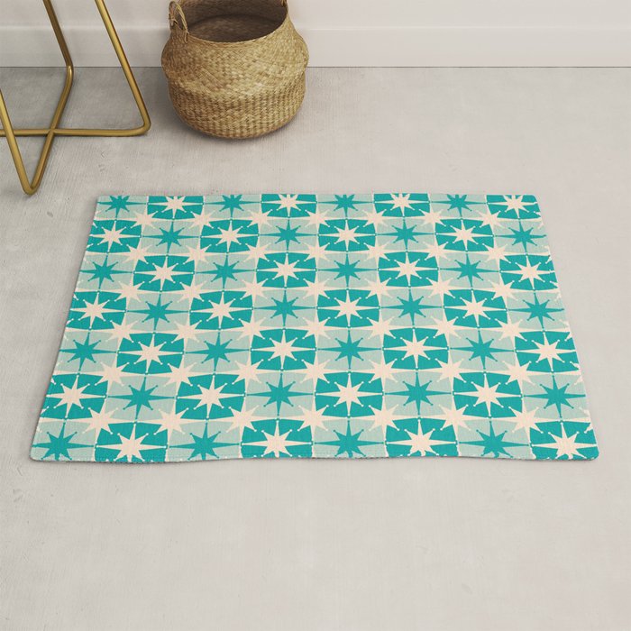 Mid Century Modern Atomic Stars Retro Checkered Starburst Pattern in Turquoise Aqua Teal Rug Gallery Image 1