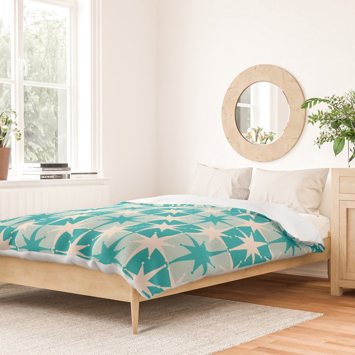 Mid Century Modern Atomic Stars Retro Checkered Starburst Pattern in Turquoise Aqua Teal Duvet Cover Gallery Image 2