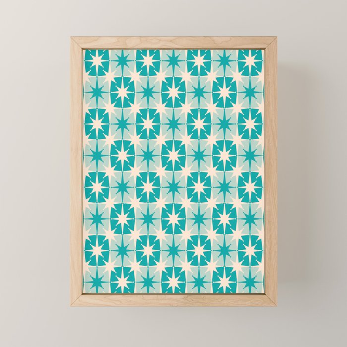 Mid Century Modern Atomic Stars Retro Checkered Starburst Pattern in Turquoise Aqua Teal Mini Art Print Gallery Image 1