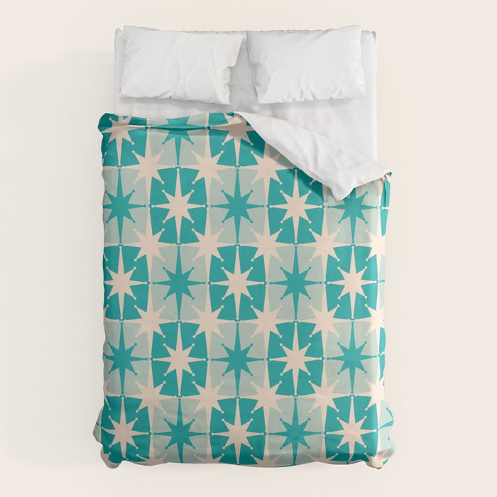 Mid Century Modern Atomic Stars Retro Checkered Starburst Pattern in Turquoise Aqua Teal Duvet Cover Gallery Image 1