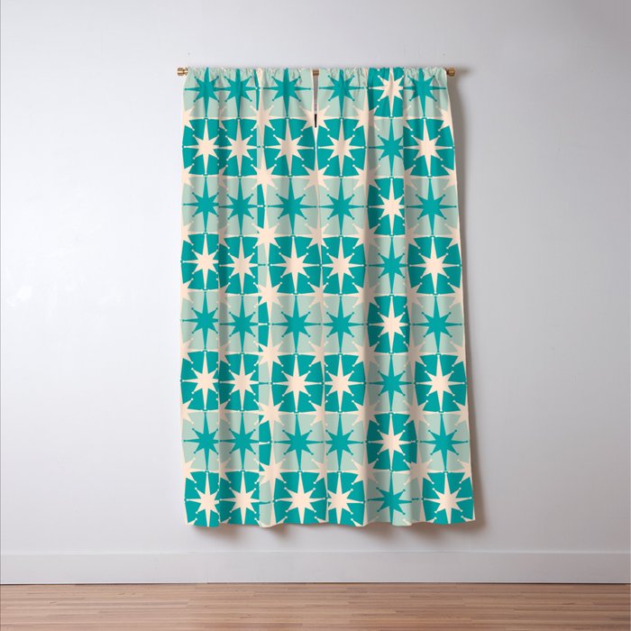 Mid Century Modern Atomic Stars Retro Checkered Starburst Pattern in Turquoise Aqua Teal Window Curtain Gallery Image 3
