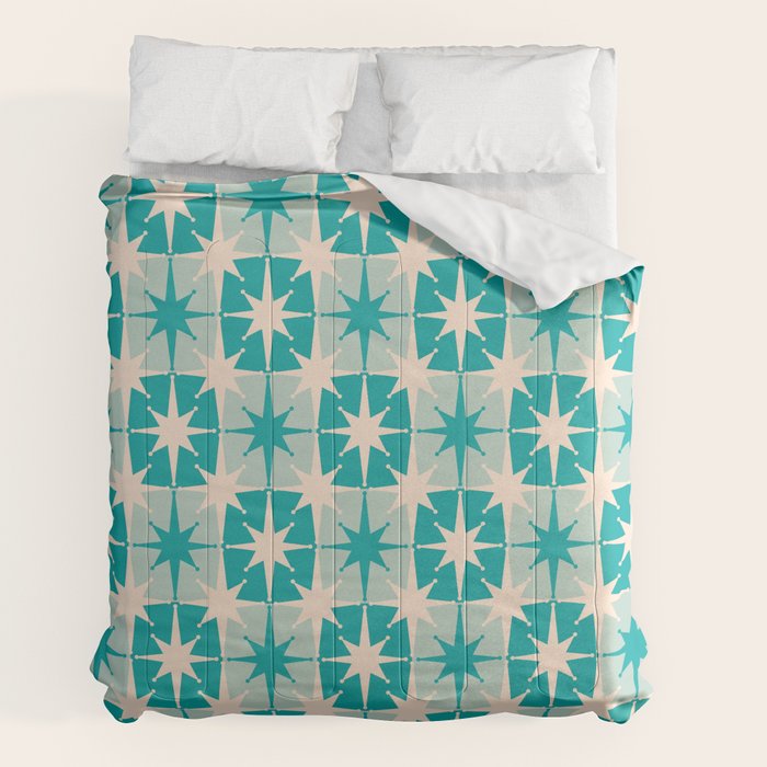 Mid Century Modern Atomic Stars Retro Checkered Starburst Pattern in Turquoise Aqua Teal Comforter Gallery Image 2