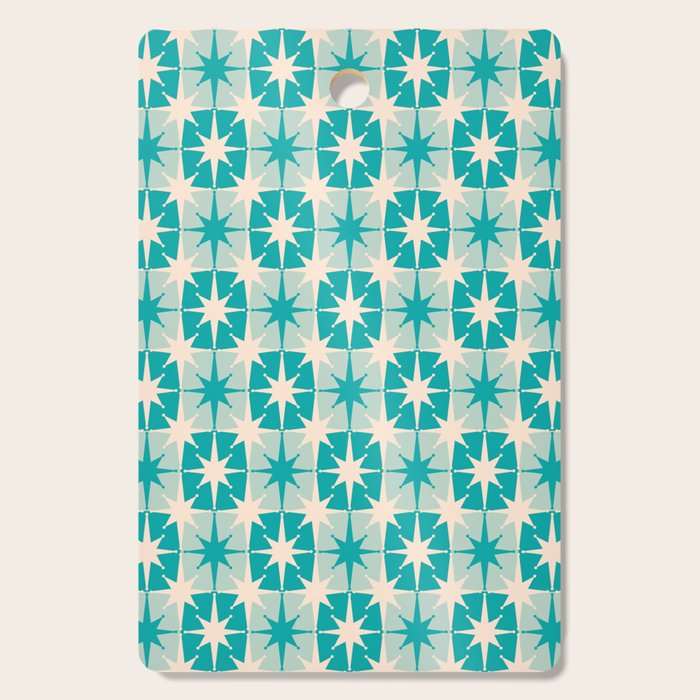 Mid Century Modern Atomic Stars Retro Checkered Starburst Pattern in Turquoise Aqua Teal Cutting Board Gallery Image 1