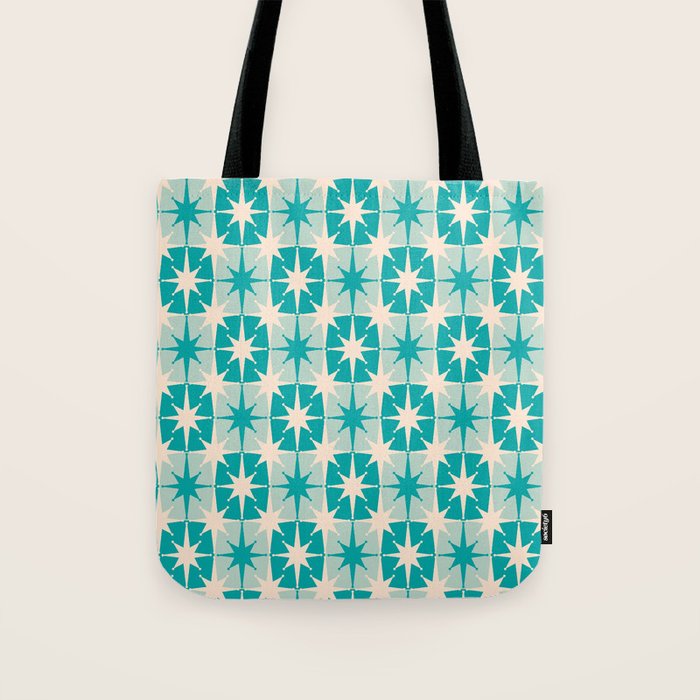 Mid Century Modern Atomic Stars Retro Checkered Starburst Pattern in Turquoise Aqua Teal Tote Bag Gallery Image 1