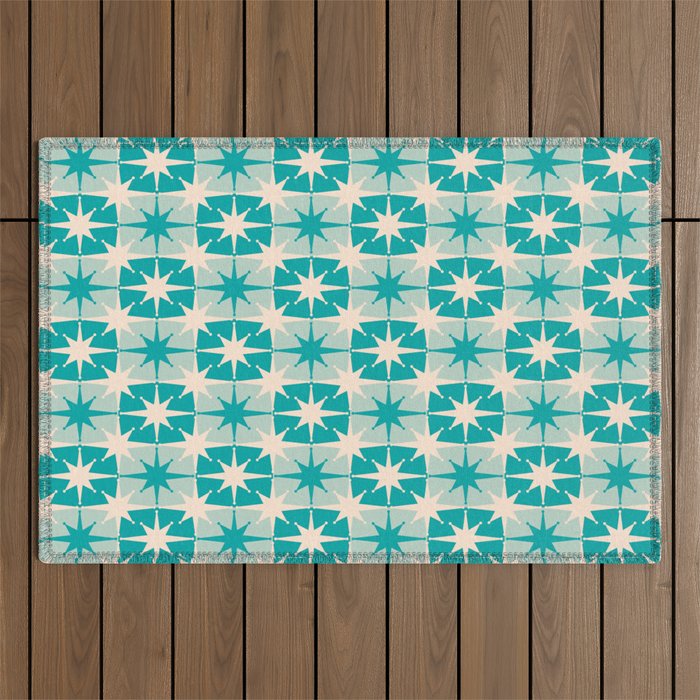 Mid Century Modern Atomic Stars Retro Checkered Starburst Pattern in Turquoise Aqua Teal Outdoor Rug Gallery Image 1