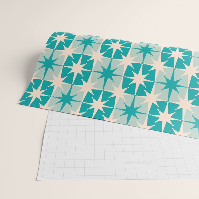 Mid Century Modern Atomic Stars Retro Checkered Starburst Pattern in Turquoise Aqua Teal Wrapping Paper Gallery Image 2