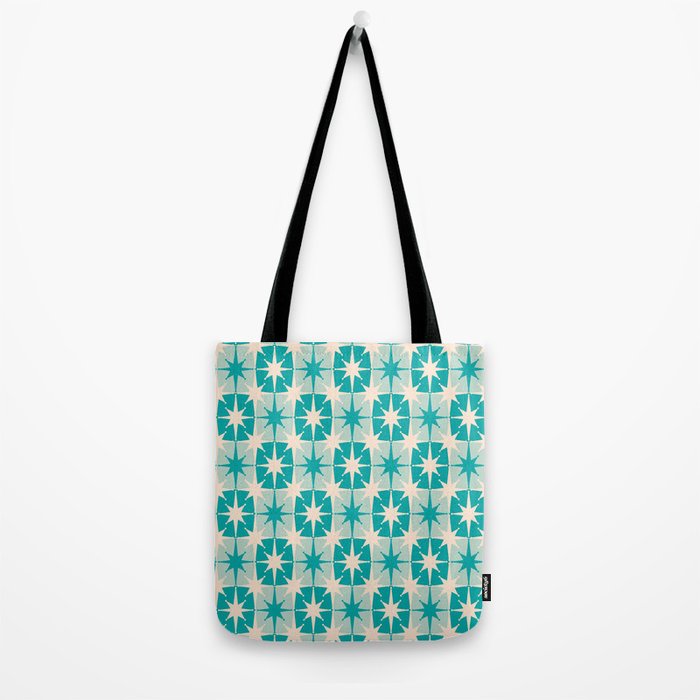 Mid Century Modern Atomic Stars Retro Checkered Starburst Pattern in Turquoise Aqua Teal Tote Bag Gallery Image 2