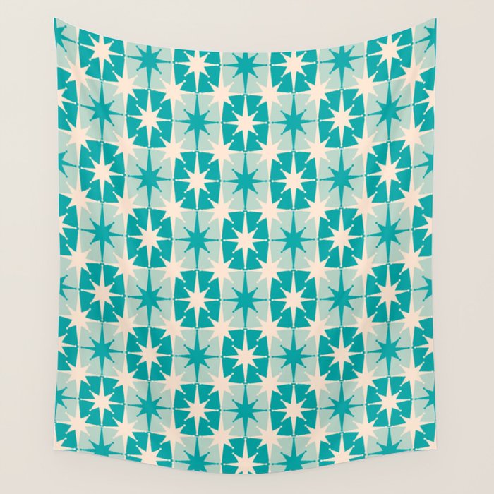 Mid Century Modern Atomic Stars Retro Checkered Starburst Pattern in Turquoise Aqua Teal Wall Tapestry Gallery Image 1