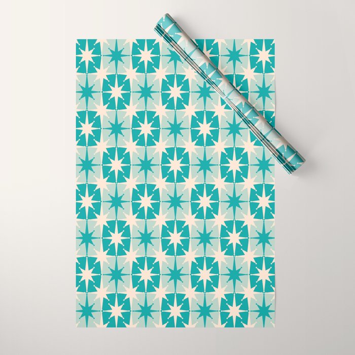 Mid Century Modern Atomic Stars Retro Checkered Starburst Pattern in Turquoise Aqua Teal Wrapping Paper Gallery Image 1