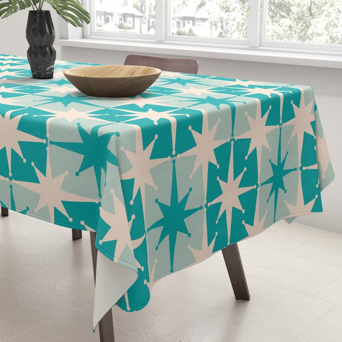 Mid Century Modern Atomic Stars Retro Checkered Starburst Pattern in Turquoise Aqua Teal Tablecloth Gallery Image 3