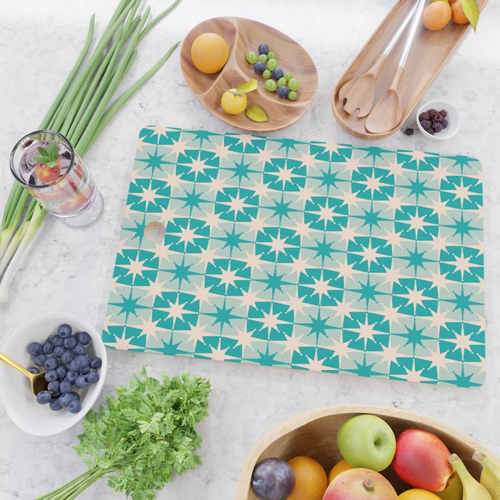 Mid Century Modern Atomic Stars Retro Checkered Starburst Pattern in Turquoise Aqua Teal Cutting Board Gallery Image 2