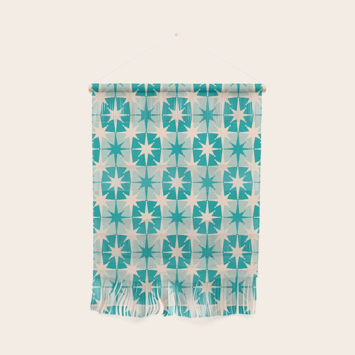 Mid Century Modern Atomic Stars Retro Checkered Starburst Pattern in Turquoise Aqua Teal Wall Hanging Gallery Image 1