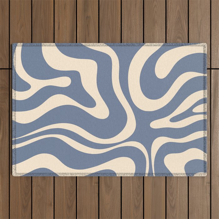 Modern Liquid Swirl Abstract Pattern in Stone Blue and Cream Outdoor Rug Gallery Image 1