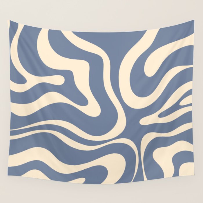 Modern Liquid Swirl Abstract Pattern in Stone Blue and Cream Wall Tapestry Gallery Image 4
